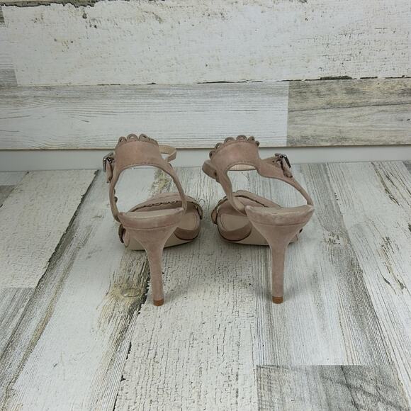 Pelle Moda womens 7.5 tan suede open toe heeled sandal pump strappy scallop edge - Picture 6 of 10